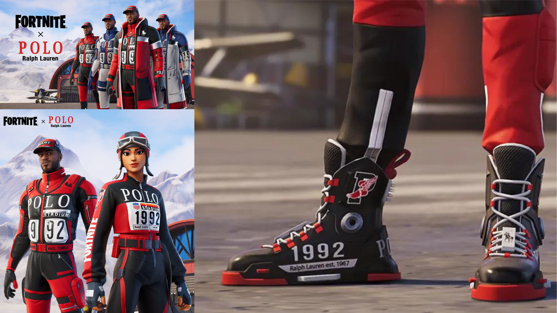 images of the fortnite x polo ralph lauren collab, with the phygital boots close-up